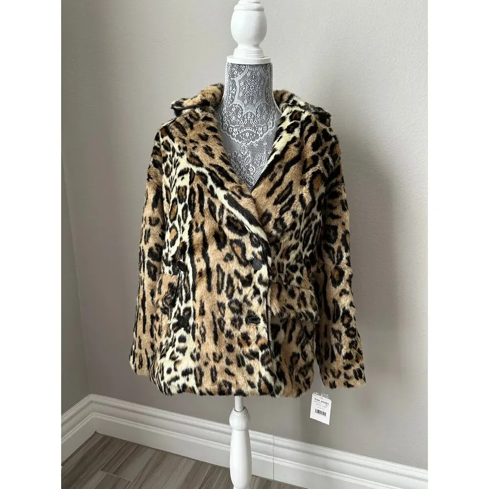 FREE PEOPLE Womens Leopard Print Faux Fur Kate Oversized Jacket Coat Size XS